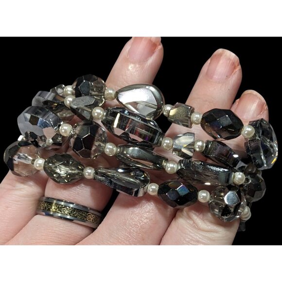 Elegant Smokey Glass And Faux Pearl Layered Beaded Stretch Bracelet - Picture 1 of 6